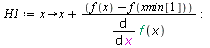 `:=`(H1, proc (x) options operator, arrow; `+`(x, `/`(`*`(`+`(f(x), `-`(f(xmin[1])))), `*`(diff(f(x), x)))) end proc); -1